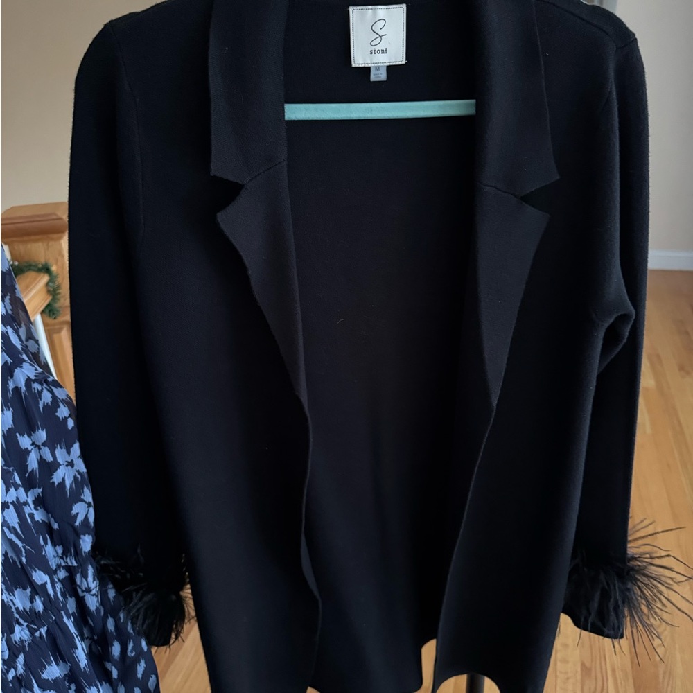 SIONI Black Blazer with Feather Cuffs